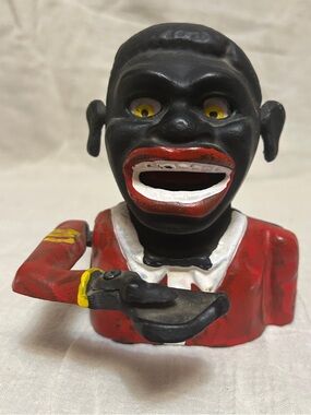 Vintage Black Cast Iron Golly Bank in Red Outfit